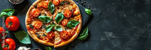 Top view of delicious pizza with tomatoes and basil on black background, banner. Diavola. Cheese Pull. Diavola Pizza on a Background with copyspace.