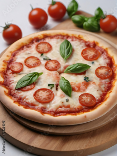 Photo Of Italian Pizza, Round Pizza Margherita On A Wooden Board, Isolated On A White Background.