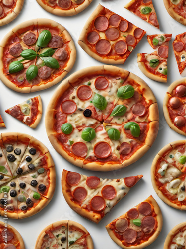 Photo Of Illustration Of Different Pizza On White Background.