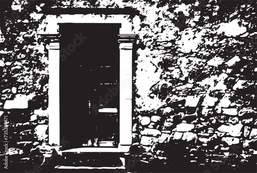 Old brick wall with boarded up wooden boards window. Wall of an abandoned ruined building