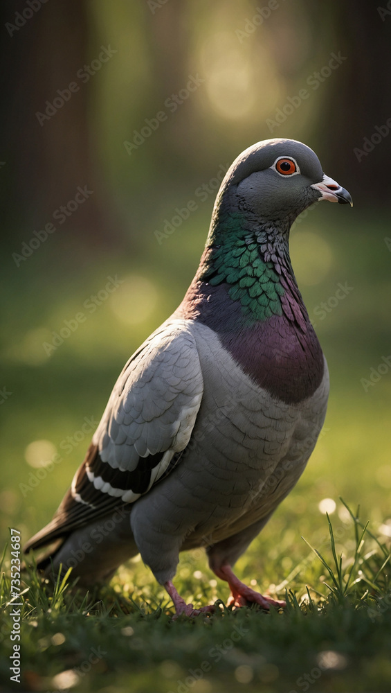 Obraz premium Close-up Portrait of an ordinary pigeon standing on green grass, warm and pleasant soft lighting in a forest with beautiful sunlight