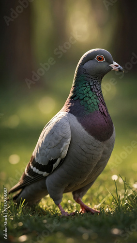 Close-up Portrait of an ordinary pigeon standing on green grass, warm and pleasant soft lighting in a forest with beautiful sunlight