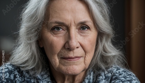 Primer plano de una mujer adulta mayor con una mirada observadora. Con pelo blanco