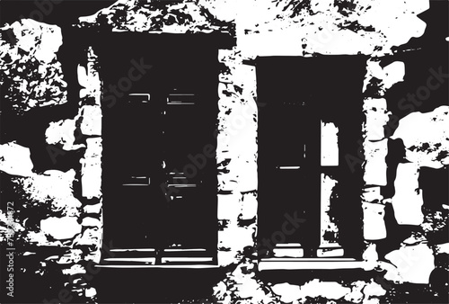 Old brick wall with boarded up wooden boards window. Wall of an abandoned ruined building