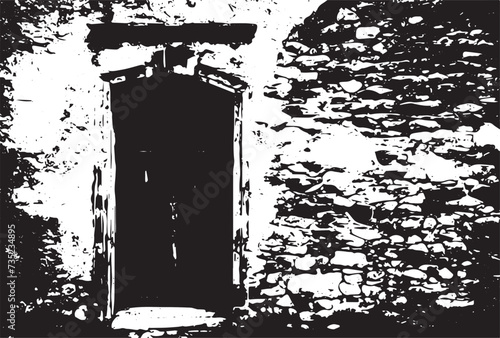 Old brick wall with boarded up wooden boards window. Wall of an abandoned ruined building