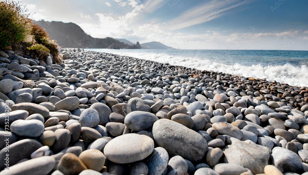 Pebbles on the shore of the sea. Gray smooth stones on the beach. Pebbles on the shore of the sea. Gray smooth stones on the beach.