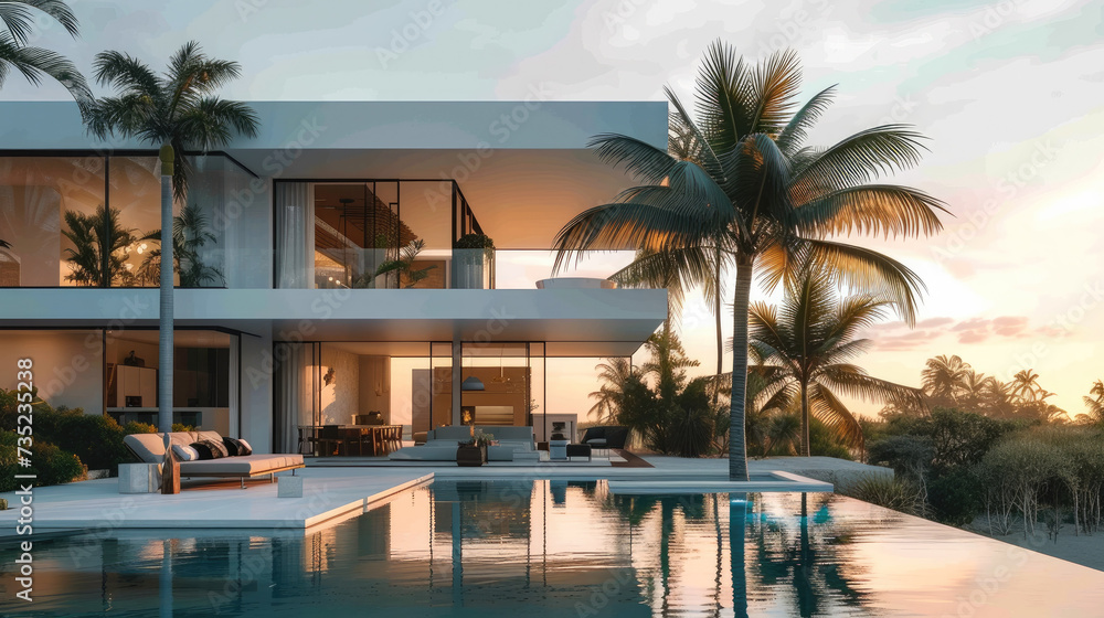 White modern house at sunrise, pool, palm trees, exterior furniture. Generative AI.