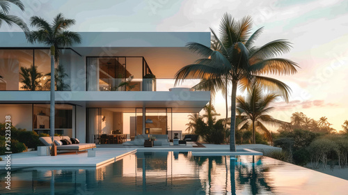 White modern house at sunrise  pool  palm trees  exterior furniture. Generative AI.