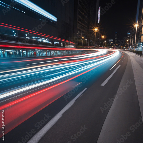 Dynamic Red and Blue Car Lights in Motion on City Road at Night