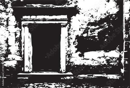 Old brick wall with boarded up wooden boards window. Wall of an abandoned ruined building