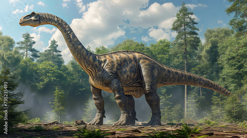 Diplodocus with very large, long-necked, long, whip-like tails, quadrupedal animals, wood background © Kateryna Kordubailo