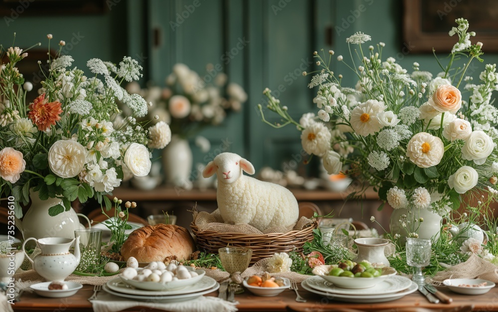 A beautifully set Easter breakfast table in a Polish home, with the focus on a wicker basket overflowing with festive foods, a sugar lamb at its center, and surrounded by freshly bloomed
