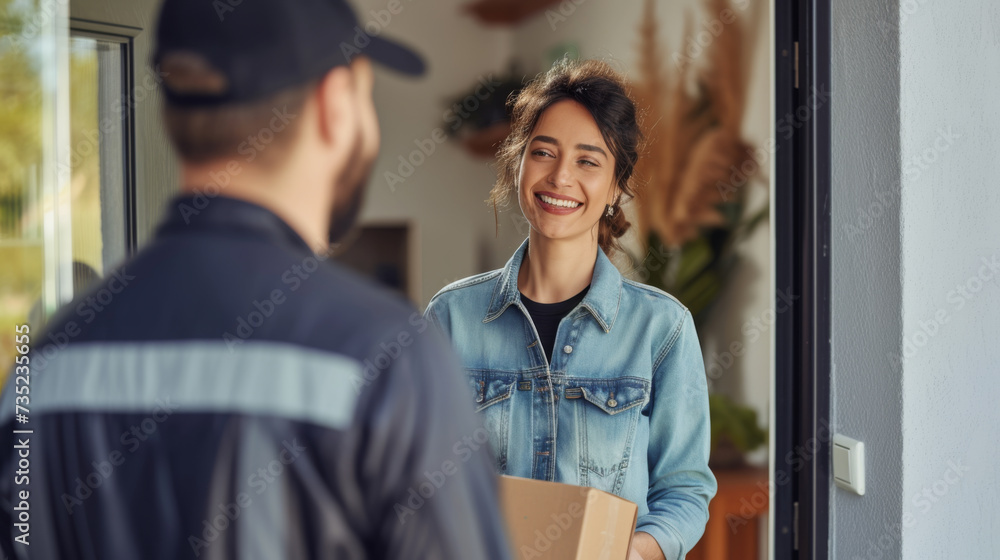 Fototapeta premium A cheerful woman receiving a package from a delivery man at her front door.