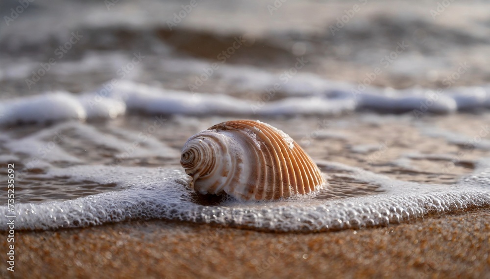 Beautiful seashell on the beach. Wet sand, foamy sea water. Natural scene. Beautiful seashell on the beach. Wet sand, foamy sea water. Natural scene.