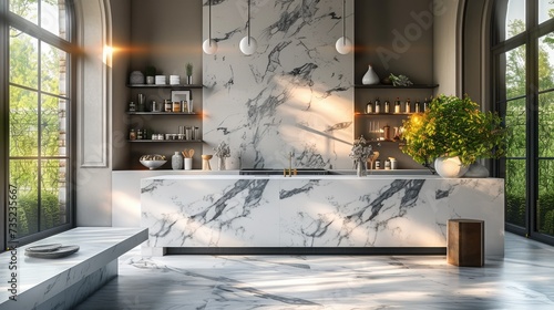 The kitchen with marble is the natural  in the style of luxurious wall hangings. Generative AI.