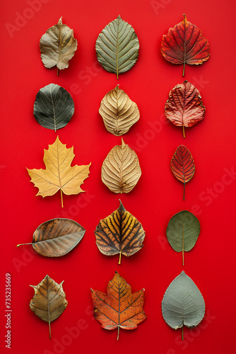 the leaves are arranged on a red background and are i