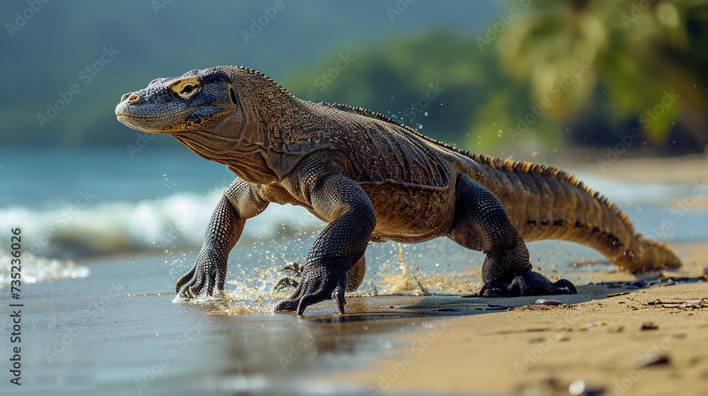 Fototapeta premium Komodo dragon running along the shore