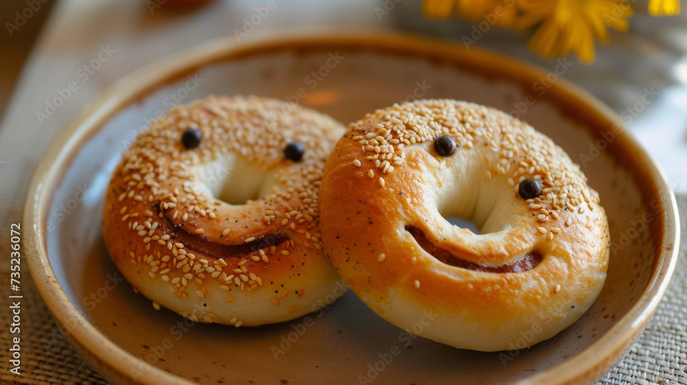 A plate holds two delightful bagels their faces formed by the toasting process their expressions bright and welcoming to anyone lucky enough to take a bite. A plate holds two delightful bagels their faces formed by the toasting process their expressions bright and welcoming to anyone lucky enough to take a bite.
