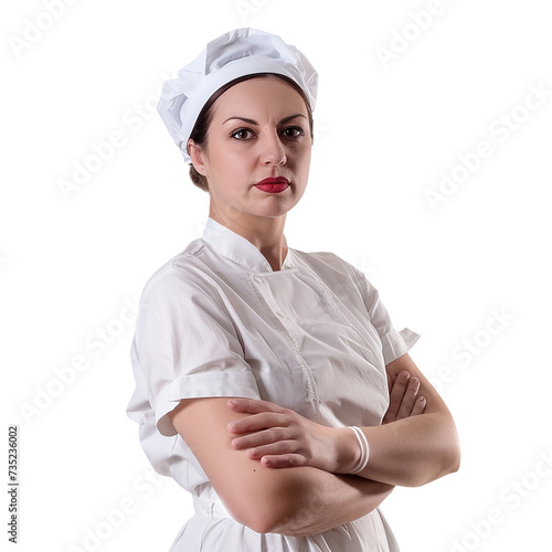 Portrait of harsh looking nurse in retro dress, 1950 or 1960. Transparent png, add your own background. Generative ai.