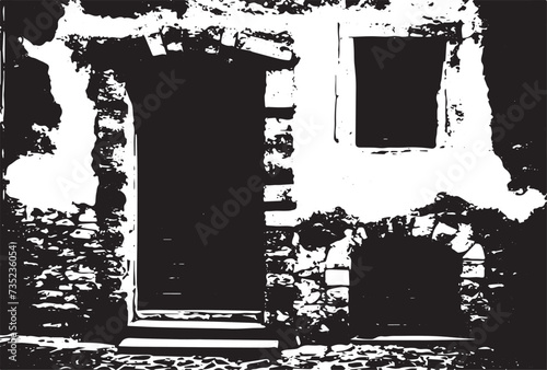 Old brick wall with boarded up wooden boards window. Wall of an abandoned ruined building