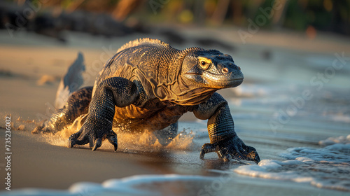 Komodo dragon running along the shore © Anna