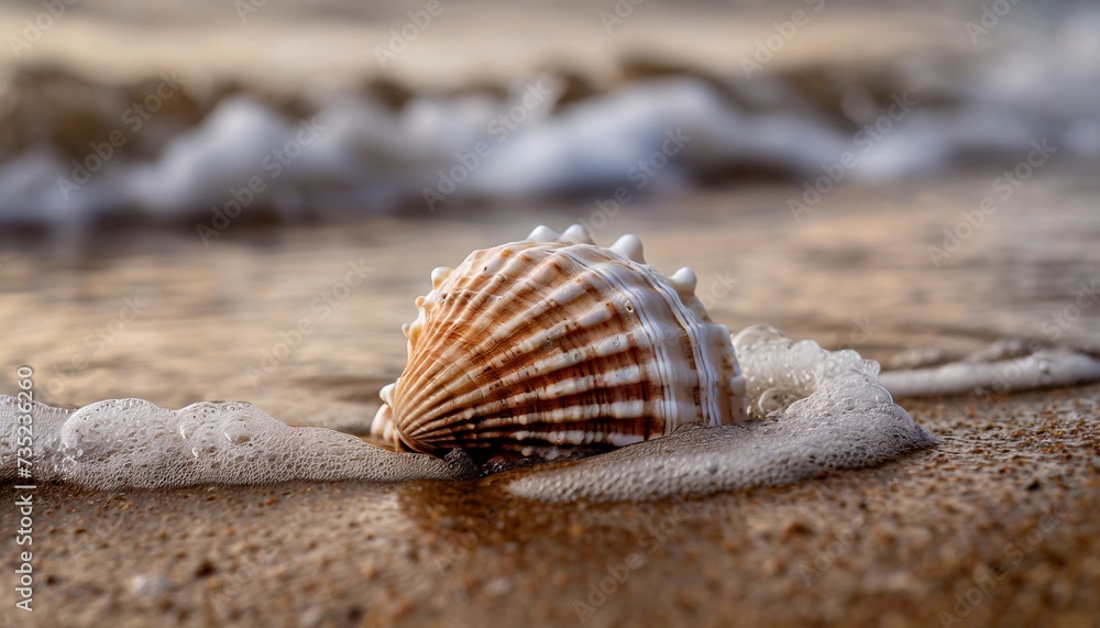 Beautiful seashell on the beach. Wet sand, foamy sea water. Natural scene. Beautiful seashell on the beach. Wet sand, foamy sea water. Natural scene.