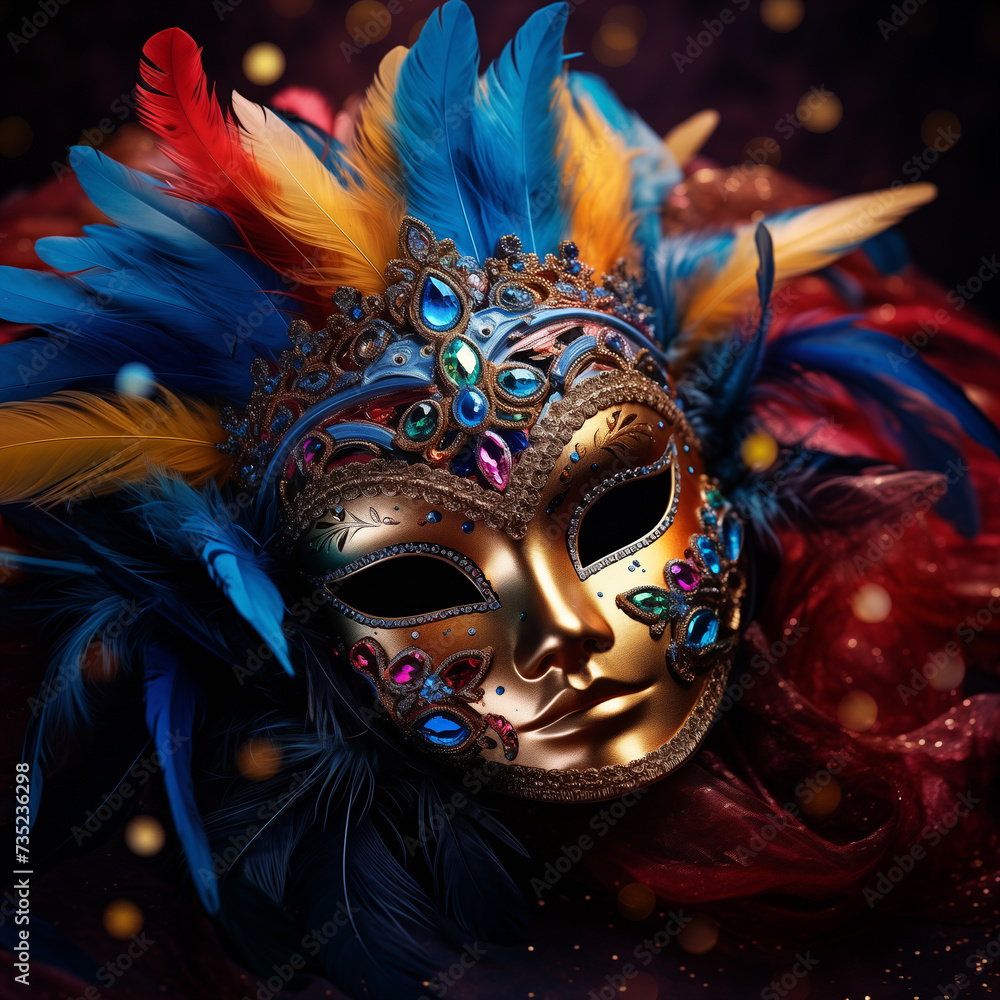 A colorful carnival mask adorned with beads, ready to be worn at a festive celebration