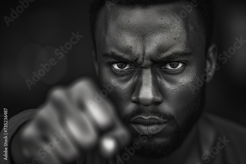Black and white photograph, intense gaze of a proud African-American man, fist raised symbolizing Black Power