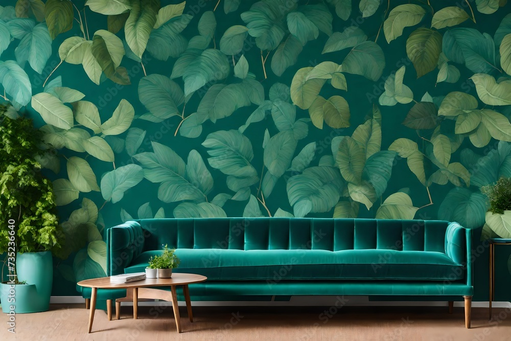 green lounge chair, Chair and turquoise sofa in green living room ...
