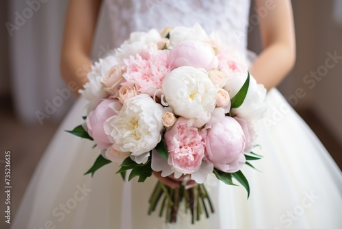 Closeup of a Beautiful Bride Holding a Peony Bouquet in Front of Pink Flower Arrangements and White