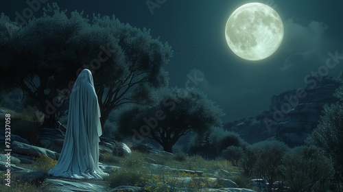 A photorealistic illustration of the Garden of Gethsemane at night, with a solitary figure in prayer, symbolizing Jesus's prayer before his arrest. 
