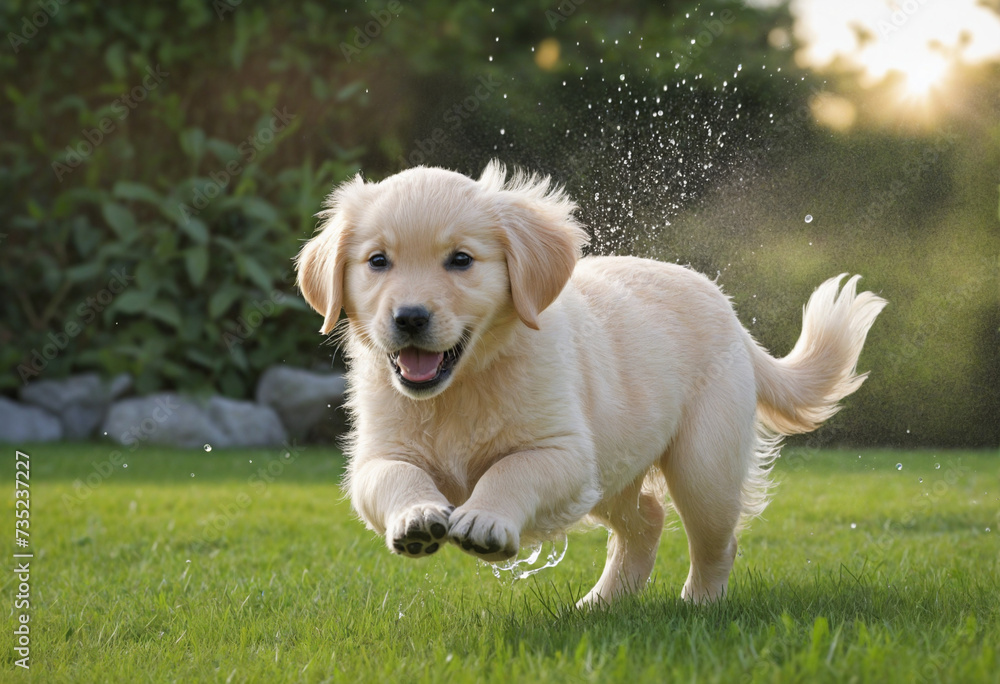 Joyful golden retriever puppy frolicking in garden sprinkler water