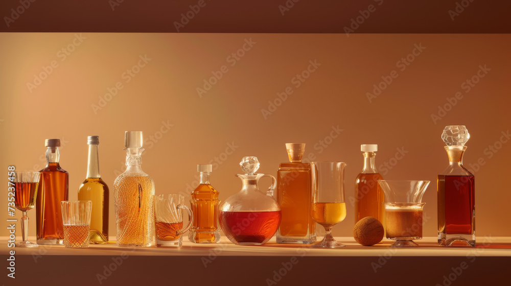 An assortment of alcoholic drinks in various glasses and bottles, with a carafe and a foamy mug of beer against a monochromatic orange backdrop. An assortment of alcoholic drinks in various glasses and bottles, with a carafe and a foamy mug of beer against a monochromatic orange backdrop.
