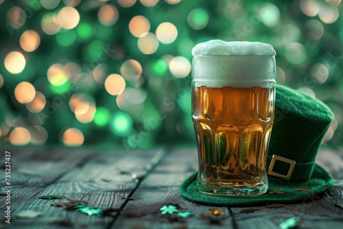 Patrick Day green beer and green hat on blurred green leprechaun background. Festive traditional beverage.