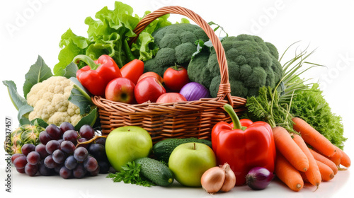 An assortment of colorful fresh vegetables and fruits spilling out of a wicker basket  representing a healthy diet and nutrition.