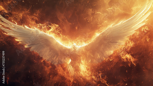 With wings like molten fire this celestial being embodies the everlasting spirit of the phoenix rising from the ashes.