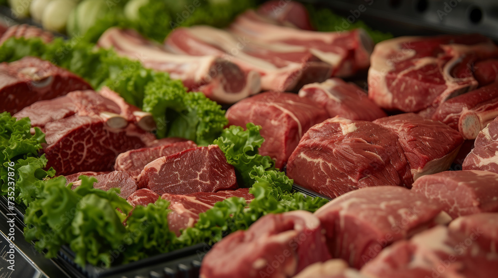 A display of various cuts of raw meat in a butcher's refrigerated case, with labels and green lettuce garnish on the side. A display of various cuts of raw meat in a butcher's refrigerated case, with labels and green lettuce garnish on the side.