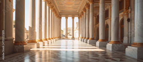 Marble pillars building detail with sunshine photo