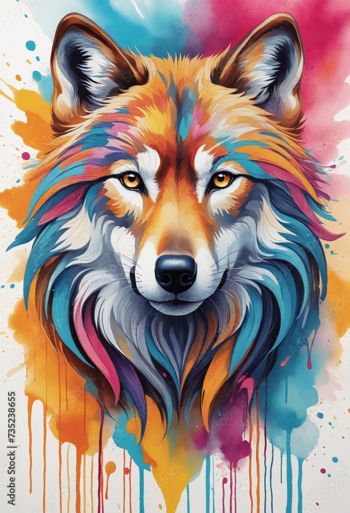 Naklejka premium Wild Wolf in Abstract Harmony, Wild Spirit Unleashed in Vibrant Colors and Fluid Lines, Embodying Nature's Unbridled Beauty