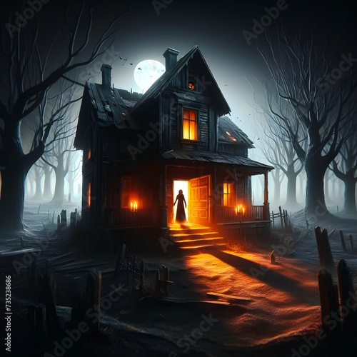 Eerily enchanting haunted landscape, A decaying house, candlelit mystery, and unsettling shadows in high-definition detail.