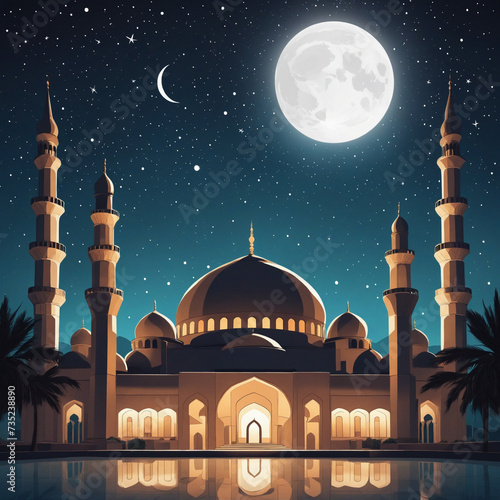 Nighttime Mosque Illustration for Ramadan and Eid Greeting Cards