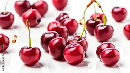 Cherry isolated. Sour cherry. Cherries with leaves on white background.