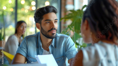 A man in a denim shirt is attentively listening to a woman during a casual meeting in a caf? filled with natural light and green plants. photo