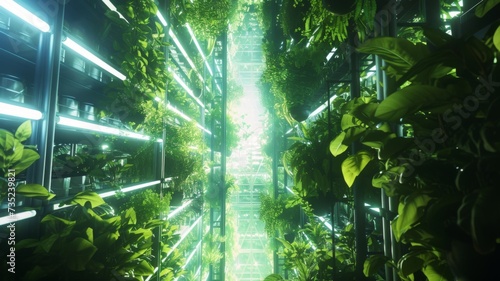 Futuristic Indoor Farming Landscape - Rows of vibrant plants grown under artificial lighting in a futuristic farm setting.