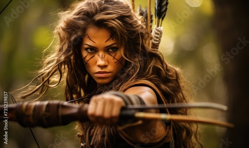 A woman with long hair firmly holds a bow and arrow, displaying her skilled archery technique. photo