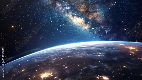 Galactic Brilliance Over Earth - A magnificent view of a galaxy shining over Earth  highlighting the wonders of the universe and our place within it.