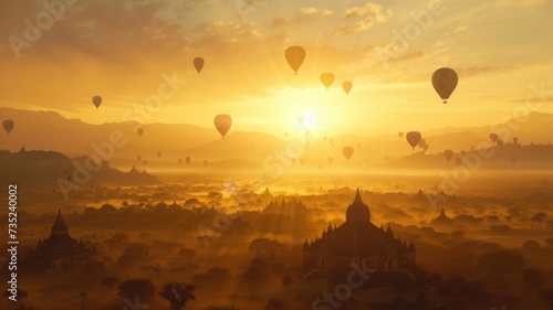 Hot Air Balloons  Majestic Dawn - Hot air balloons floating at sunrise offers a spectacle of color and adventure in the skies  ideal for travel and exploration themes.