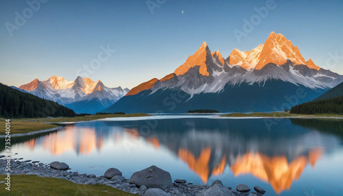 Majestic Mountain Landscape with Illuminated Peaks and Reflection in Mountain Lake Generative AI © SR07XC3