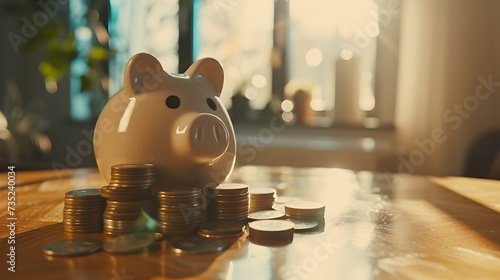 Piggy bank on a table surrounded by coins, symbolizing savings and financial planning in a warm home setting. ideal for financial concepts. AI photo