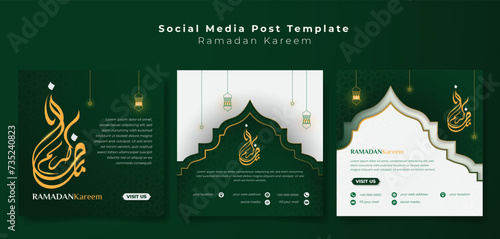 Set of social media post template with islamic mosque background in white green for ramadan kareem. islamic background set in green white with lantern and star. arabic text mean is ramadan kareem